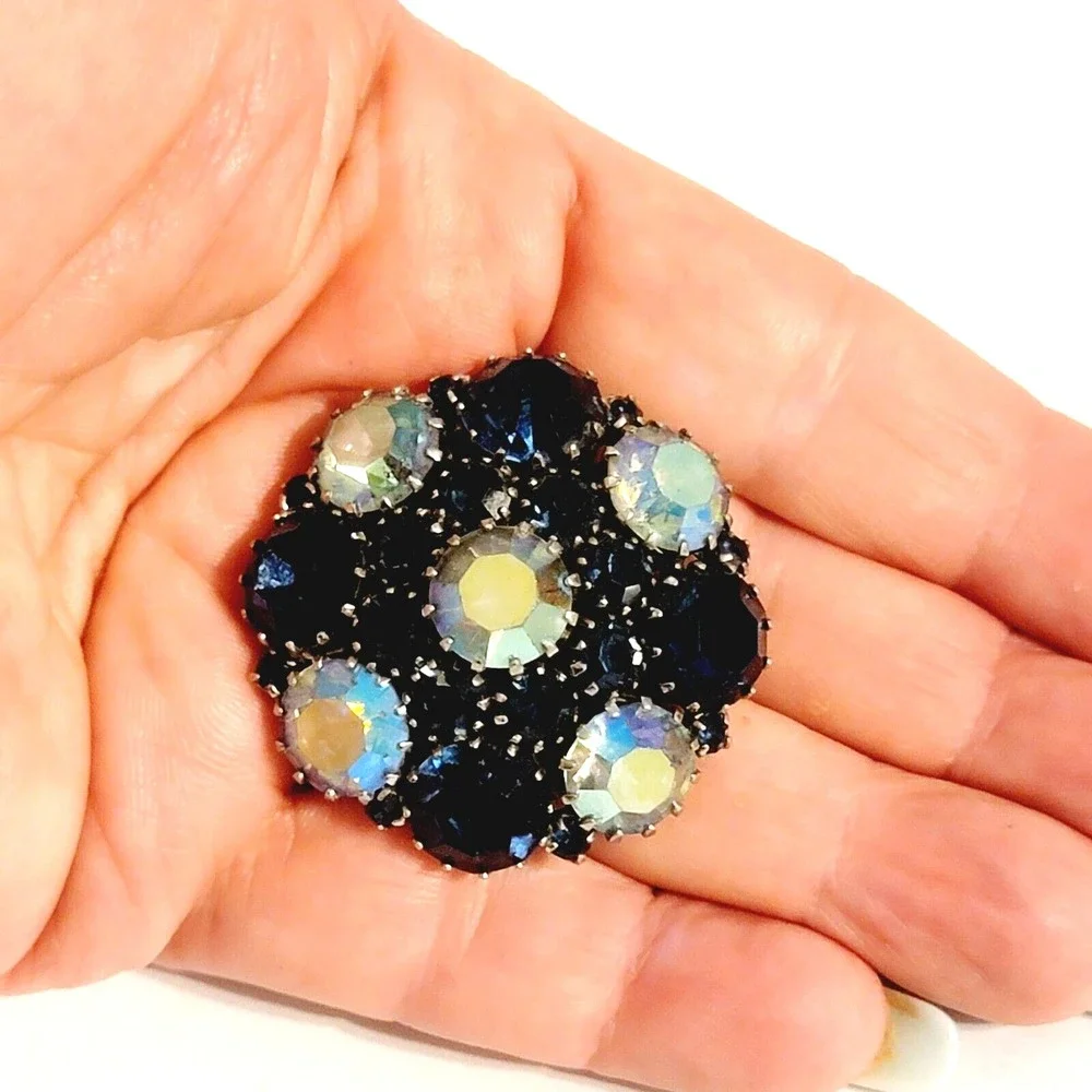 Vintage Blue Brooch Pin Unsigned Schreiner Rhinestone Domed Layered Mid-century